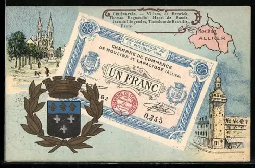 Künstler-AK Moulins /Allier, Célébrités: Villars, De Berwick, Thomas Regnaudin, Geldschein, Wappen