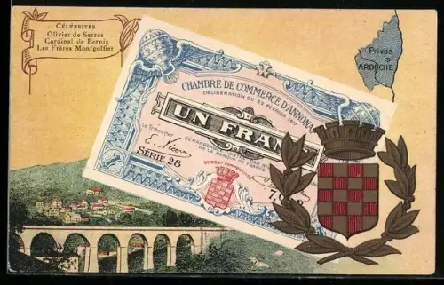 Künstler-AK Privas /Ardeche, Célébrités: Olivier de Serres, Cardinal de Bernis, Geldschein, Wappen