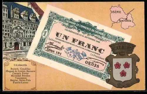 Künstler-AK Grenoble /Isère, Célébrités: Bayard, Condillac, Hugues de Lionne, Geldschein, Wappen