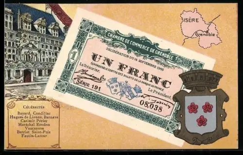 Künstler-AK Grenoble /Isère, Célébrités: Bayard, Condillac, Hugues de Lionne, Geldschein, Wappen