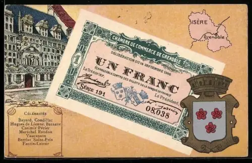 Künstler-AK Grenoble /Isère, Célébrités: Bayard, Condillac, Hugues de Lionne, Geldschein, Wappen