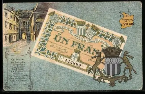 Künstler-AK Rennes /Ille-et-Vilaine, Célébrités: De Boisgelin, Ginguené, Lanjuinais, Geldschein, Wappen