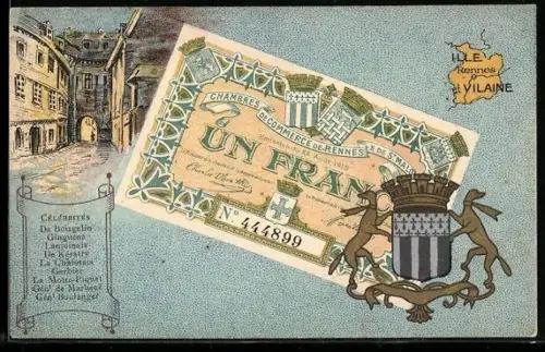 Künstler-AK Rennes /Ille-et-Vilaine, Célébrités: De Boisgelin, Ginguené, Lanjuinais, Geldschein, Wappen