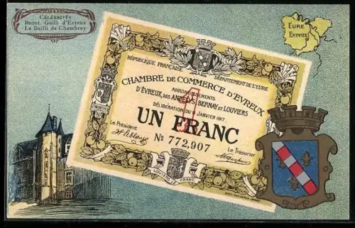 Künstler-AK Evreux /Eure, Célébrités: Buzot, Guill. d`Evreux, Le Bailli de Chambray, Geldschein, Wappen