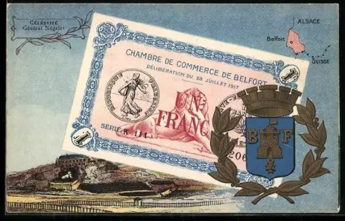 Künstler-AK Belfort, Landkarte mit Alsace & Suisse, Geldschein und Wappen