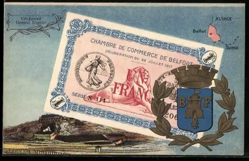 Künstler-AK Belfort /Alsace, Célébrité: Général Négier, Geldschein, Wappen