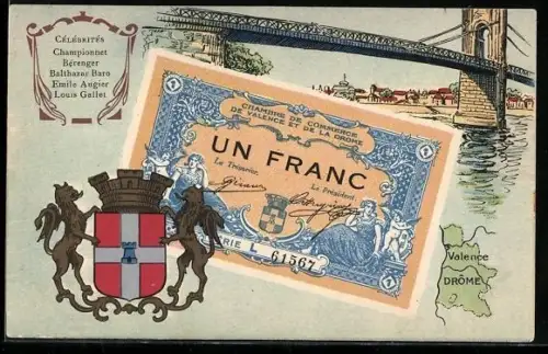 Künstler-AK Valence /Drôme, Célébrités: Championnet, Bérenger, Balthazar Baro, Geldschein, Wappen