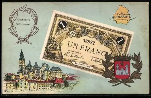 Künstler-AK Périqueux /Dordogne, Célébrité: Gl Daumesnil, Geldschein, Wappen