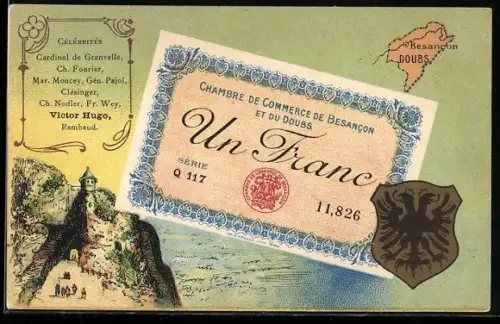 Künstler-AK Besancon /Doubs, Célébrités: Cardinal de Granvelle, Ch. Fourier, Mar. Moncey, Geldschein, Wappen