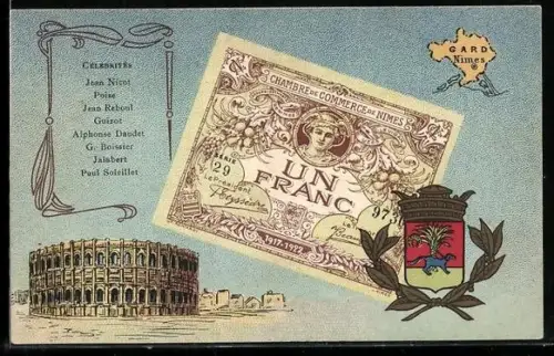 Künstler-AK Nimes /Gard, Célébrités: Jean Nicot, Poise, Jean Reboul, Geldschein, Wappen