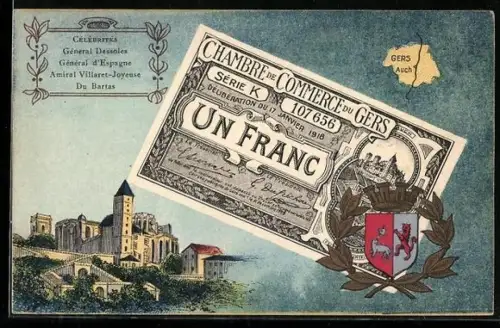 AK Auch, un Franc, Chambre de Commerce du Gers, Teilansicht und Wappen