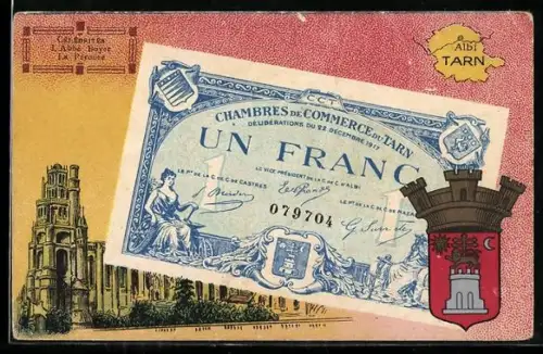 Künstler-AK Albi /Tarn, Célébrités: L`Abbé Boyer, La Pérouse, Geldschein, Wappen