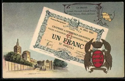 Künstler-AK Avignon /Vaucluse, Célébrités: Folard, Parrocet, Joseph Vernet, Geldschein, Wappen