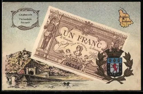 Künstler-AK Poitiers /Vienne, Célébrités: Thibaudeau, Perrault, Geldschein, Wappen