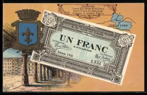 AK Blois, Geldschein Un Franc, Wappen und Säulengang