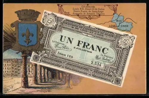 AK Blois, Geldschein Un Franc, Wappen und Säulengang