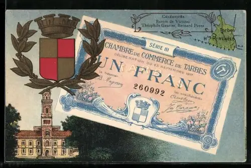AK Tarbes, Chambre de Commerce de Tarbes, Französischer Geldschein, Wappen