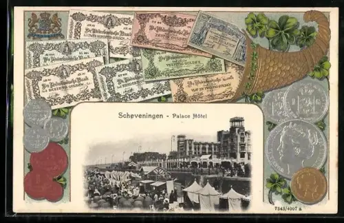 Präge-AK Scheveningen, Palace Hôtel, Geld und Füllhorn im Passepartout