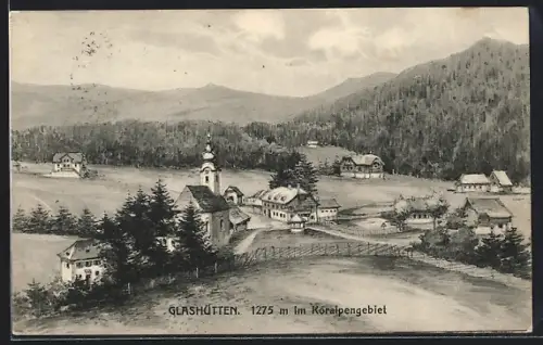 Künstler-AK Bad Schwanberg, Glashütten im Koralpengebiet, Ortspartie mit Kirche
