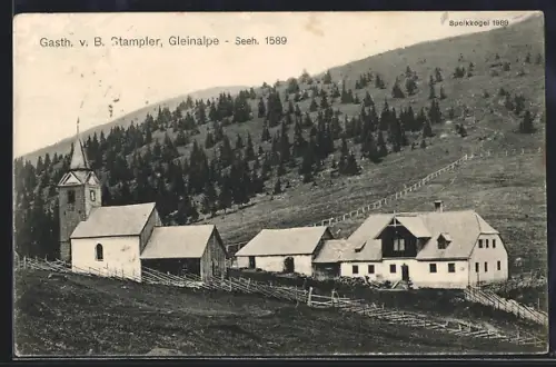 AK Übelbach, Gleinalpe, Gasthaus v. B. Stampler, Wallfahrtskirche Maria Schnee