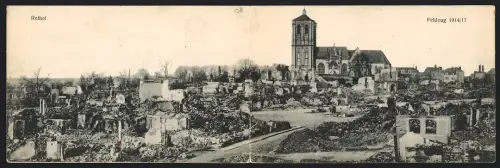 Klapp-AK Rethel, Blick zur Kirche umgeben von Ruinen
