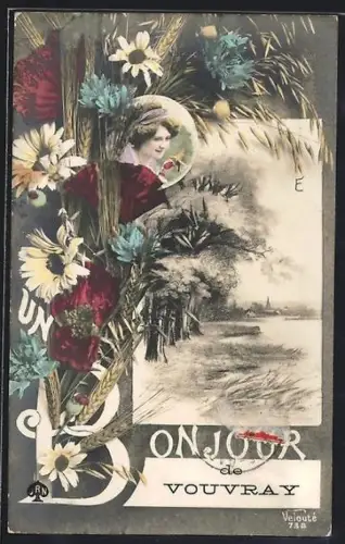 AK Vouvray, Ortsansicht und Portrait einer hübschen Frau im Blumenpassepartout