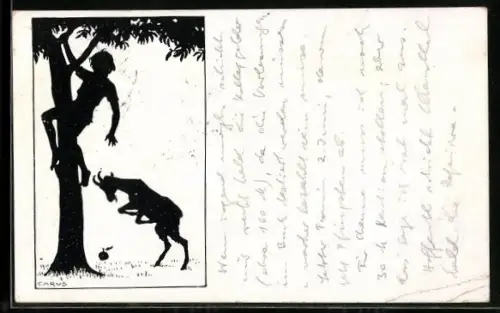 Künstler-AK Carus: Kind flüchtet vor einem Ziegenbock auf einen Baum, Scherenschnitt