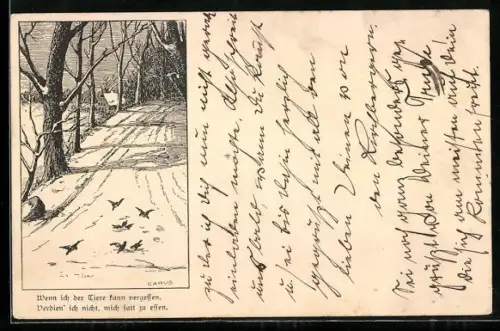 Künstler-AK Carus: Vögel auf einer Landstrasse vor einem kleinen Ort