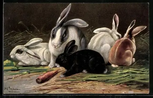 Künstler-AK Alfred Schönian: Hasen futtern Salat und Mohrrüben