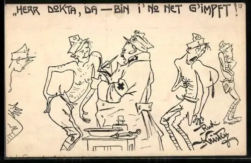 Künstler-AK Rud. Kristen: Soldaten holen sich ihre Impfungen ab und erfahren Nebenwirkungen