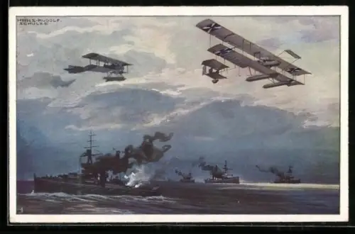 Künstler-AK Hans Rudolf Schulze: Wasserflugzeuge über der engl. Flotte