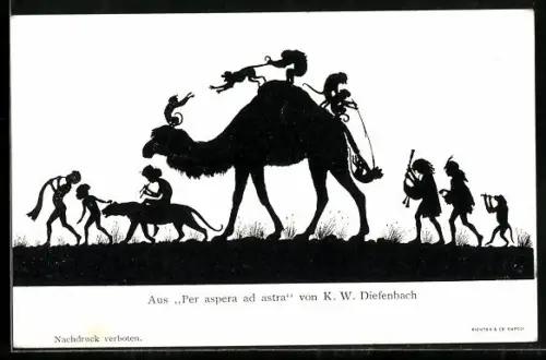 Künstler-AK Diefenbach: Kinder mit diversen Instrumenten und Affen auf einem Dromedar, Scherenschnitt