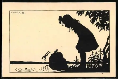 Künstler-AK Carus: Mädchen steht am Wasser und beobachtet Frösche, Scherenschnitt