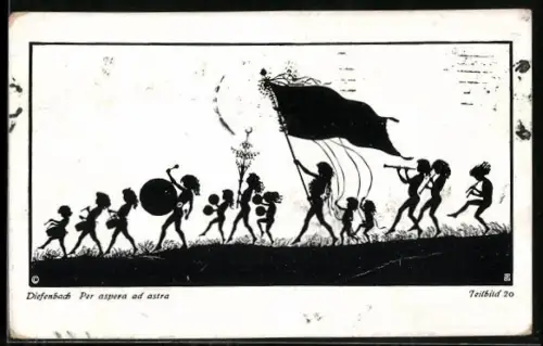 Künstler-AK Diefenbach: Zug von Kindern mit diversen Instrumenten und einer Flagge, Scherenschnitt