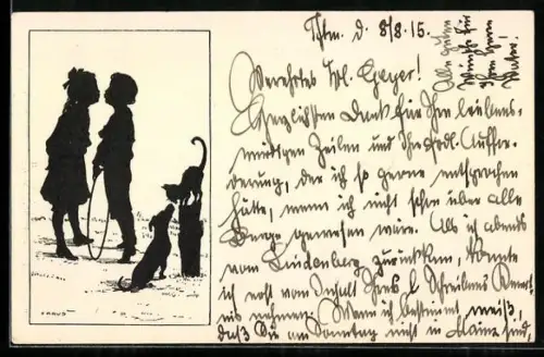 Künstler-AK Carus: Kinder mit Reifen vor einem Kuss, daneben Hund und Katze