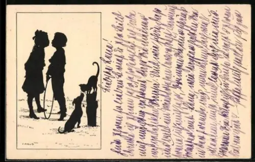 Künstler-AK Carus: Kinder mit Reifen vor einem Kuss, daneben Hund und Katze