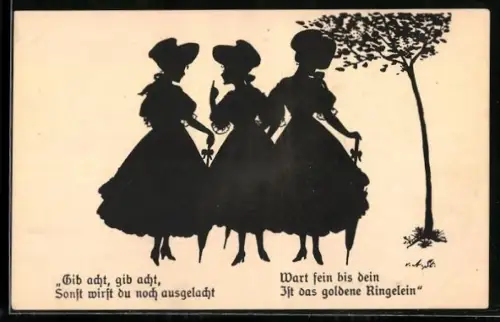 Künstler-AK Ov.Alt-Stutterheim: drei Frauen stehen unter einem Baum, Silhouette