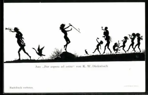 Künstler-AK Diefenbach: Zug von Kindern mit diversen Instrumenten und einer Gans, Scherenschnitt