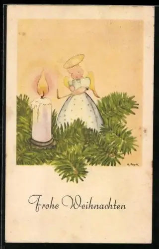 Künstler-AK Hilla Peyk: Weihnachtsengel neben einer Kerze im Christbaum