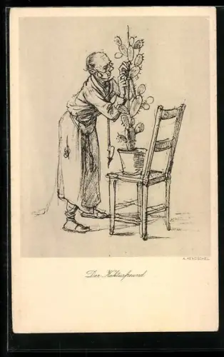 Künstler-AK Albert Hendschel: Bebrillter Mann pflegt einen hohen Kaktus