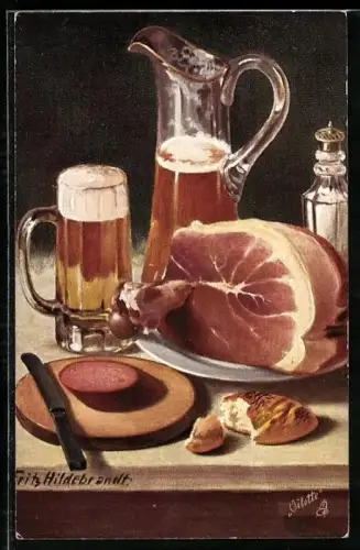 Künstler-AK Fritz Hildebrandt: Stillleben, Gedeckter Tisch mit Bier und Schinken