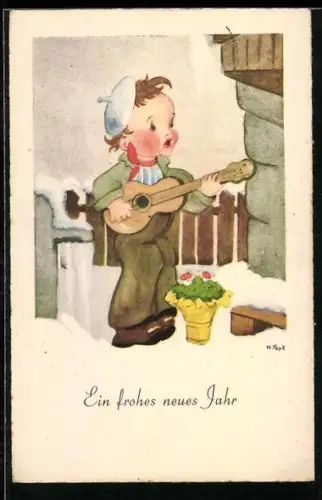 Künstler-AK Hilla Peyk: Kind mit Gitarre spielt neben einem Topf mit Kleeblättern und Fliegenpilzen