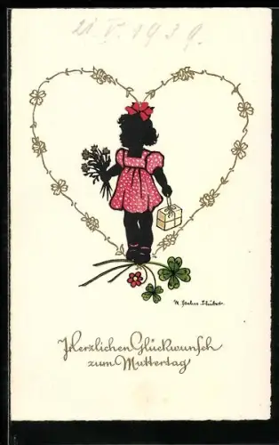 Künstler-AK Marta Sachse-Schubert: Mädchen mit Geschenk und Blumenstrauss von herzförmiger Girlande umgeben