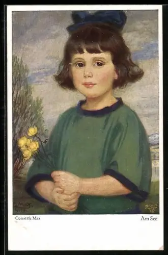 Künstler-AK Corneille Max: Am See, Mädchen mit Haarschleife, gelbe Blumen