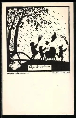 Künstler-AK M. Sachse-Schubert: Kinder mit Kinderwagen in plötzlichem Regenschauer, Aprilwetter, Scherenschnitt