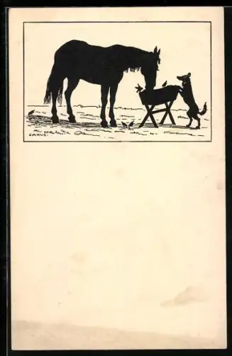 Künstler-AK Carus: Pferd frisst auf dem Trog, Hund bei ihm