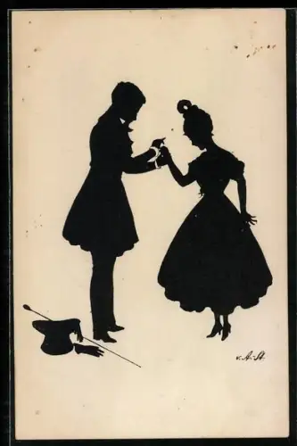 Künstler-AK Ov. Alt-Stutterheim: Eleganter Mann hält die Hand einer Frau, Scherenschnitt