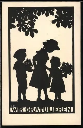 Künstler-AK Ov. Alt-Stutterheim: Gruppe von Kindern mit Blumensträussen, Scherenschnitt