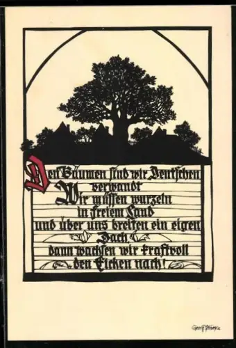 Künstler-AK Georg Plischke: Grosse Eiche überragt die um sie stehenden Häuser, Spruch, Scherenschnitt