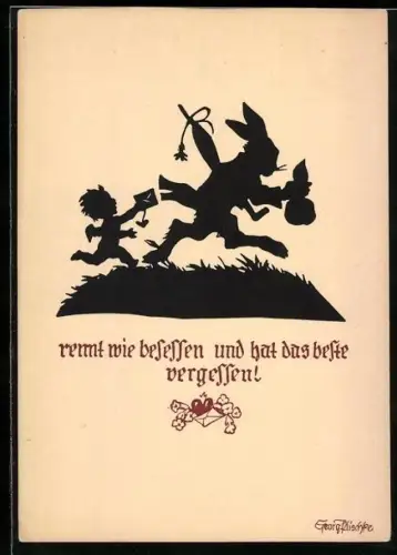 Künstler-AK Georg Plischke: Engel rennt dem Osterhasen mit einem Brief hinterher